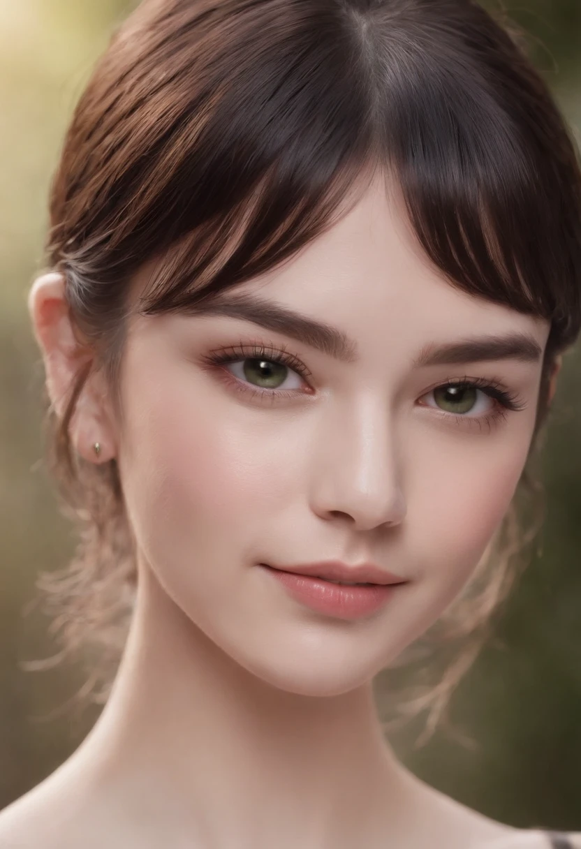 Short Black Hair, Airy Bangs, see through bangs, Hazel Eyes, brown and green eyes, Small Eyes, Upturned Eyes, cat eyes, Thin lips, pale skin, petit girl, purple and black clothing, smiling, few freckles, blonde eyebrows, purple heart stud earrings, sharp jawline, heart shaped face, square shaped face, light bangs, thin eyebrows, no eyeliner, no makeup, imperfect skin, no lipstick, black choker necklace, canadian