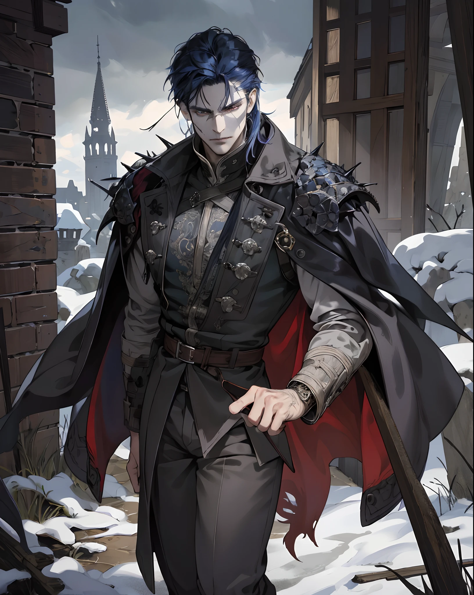 (absurd, highres, ultra detailed), 1man, mature man, intricate details, enlarged textures, intricate details, finely detailed eyes and detailed face, intricate details, dark blue hair, (closed mouth), perfect eyes, matching eyes, spiky hair, dark gray eyes, medieval Fantasy style clothing, fantasy style, medieval town, night, palid skin, full body, long dark fantasy coat, 35 years old, serious, serious eyes, pissed, intimidating, dark fantasy pants, (scars on face), fragile, thin, very intimidating eyes, mercenary clothes, thief coat, very thin, skinny, front