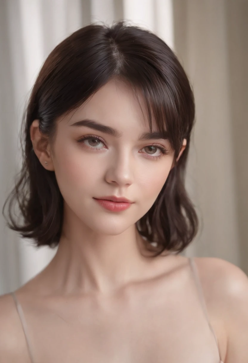 Short Black Hair, Airy Bangs, see through bangs, Hazel Eyes, brown and green eyes, Small Eyes, Upturned Eyes, cat eyes, Thin lips, pale skin, petit girl, purple and black clothing, smiling, few freckles, blonde eyebrows, purple heart stud earrings, sharp jawline, heart shaped face, square shaped face, light bangs, thin eyebrows, no eyeliner, no makeup, imperfect skin, no lipstick, black choker necklace, canadian, dark hair, bob haircut, untied hair