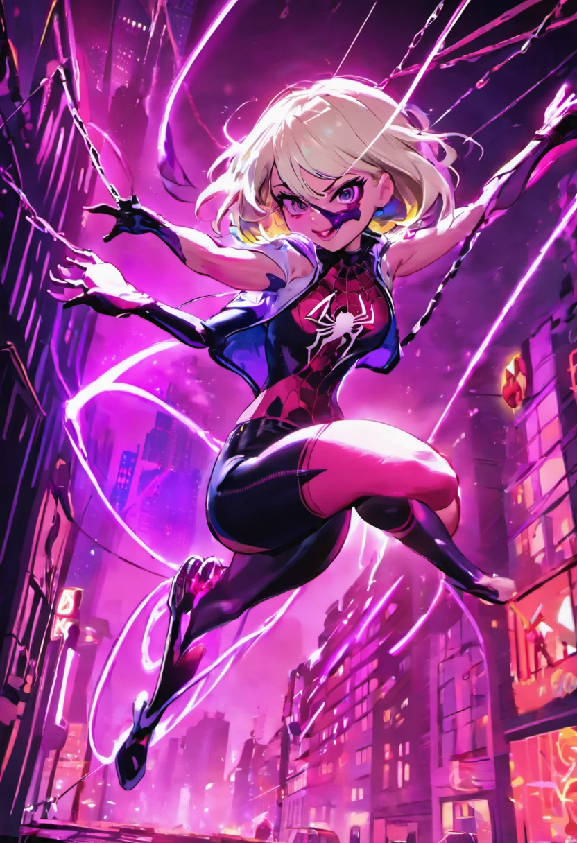 McKenna Grace as Spider Gwen, athletic, swinging via web across city, HD, highly detailed, colorful, nighttime lighting, comic book style, dynamic poses, vivid colors, cityscape, action-packed (best quality, 4k, highres, masterpiece:1.2), ultra-detailed, professional, HDR, studio lighting, sharp focus, physically-based rendering, extreme detail description, bokeh, portraits, landscape.