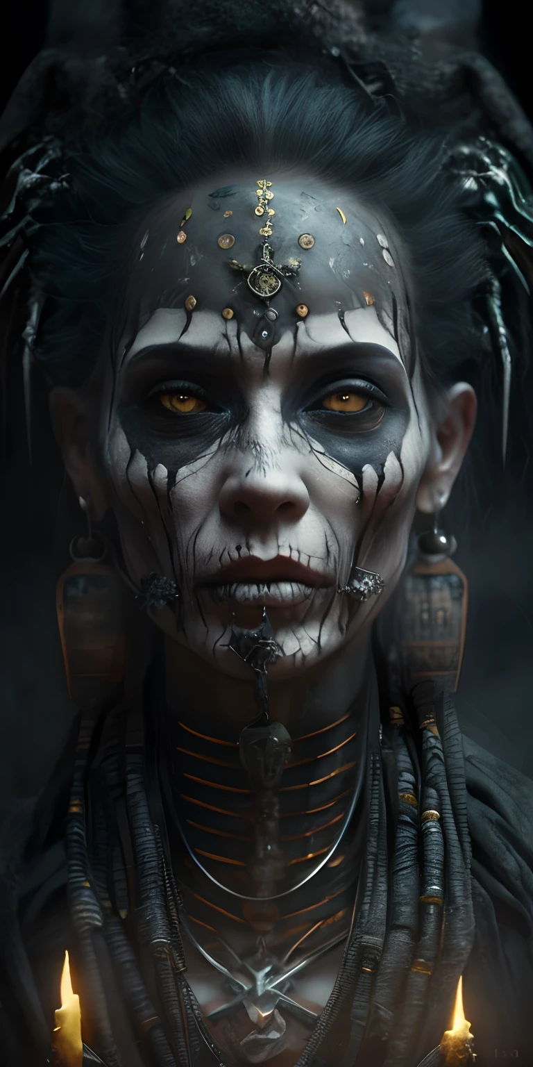a woman with makeup and makeup art in the dark, photorealistic dark concept art, gothic maiden shaman, dark fantasy mixed with realism, hyperdetailed fantasy character, cyberpunk angry gorgeous druid, fantasy concept art portrait, portrait of a female necromancer, stefan gesell, cyberpunk horror style, dark fantasy character design, 4k concept art and hyper realism