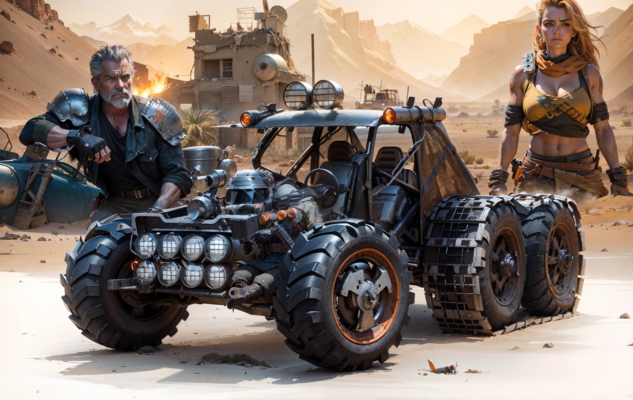 Um poderoso BUG com lagartas enferrujado altamente armado com misseis e metralhadoras disparando raios, Behind a Warrior Man, MEL GIBSON, sentado encostado em sua motocicleta e armado estilo Mad Max, olhando para o BUG e do outro lado, A beautiful and powerful warrior woman armed with a pistol and in the background an abandoned building on fire and worn out and camping in the desert with the sun shining in the sky in shades of orange