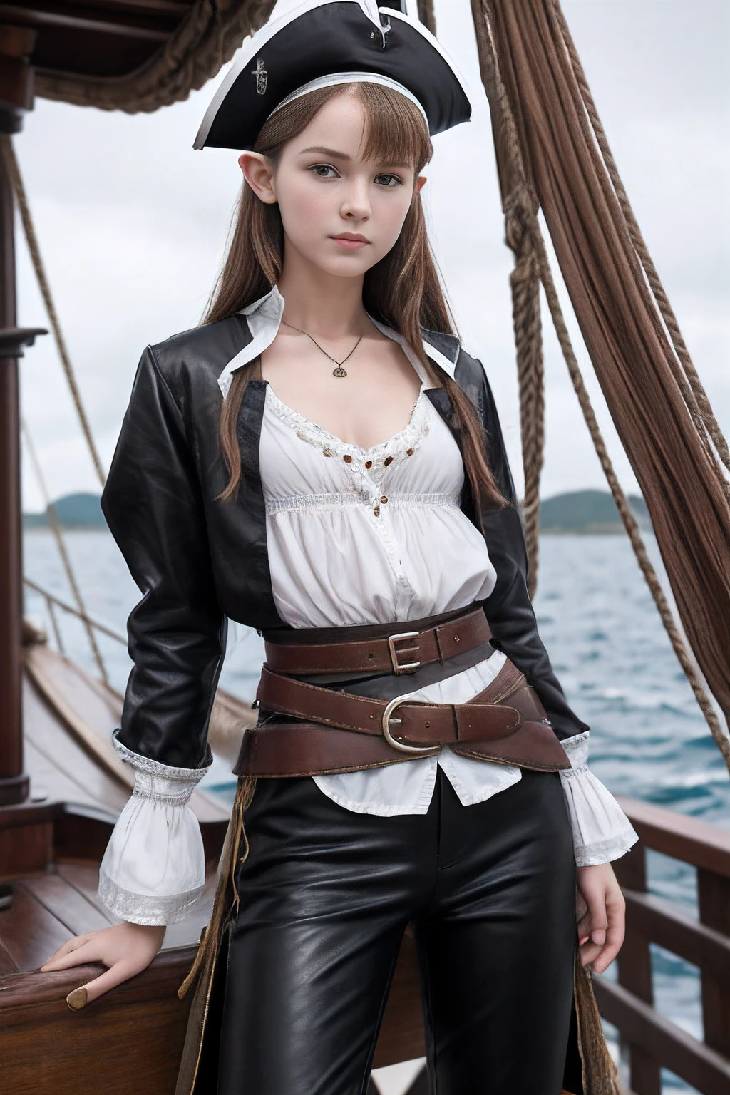 Russian girl 15 years old - pirate on a ship of the 16th century ,Fantasy,Tolkien,8K ,真实感, photo , Hi-Def, lifelike skin, The girl has a slender body, Without cosmetics, On board a sailing brig, At the girl's : elf ears , Sophisticated appearance, lean and thin arms and legs, Slim slim body, fair pale skin, dressed like a 16th century pirate on it: Loose White Men's Shirt ,black ankle-length leather pants ,16th century shoes, On a belt with a large plaque hangs a sabre in a sheath,Open SeaWaves, breeze, Hair develops in the wind,