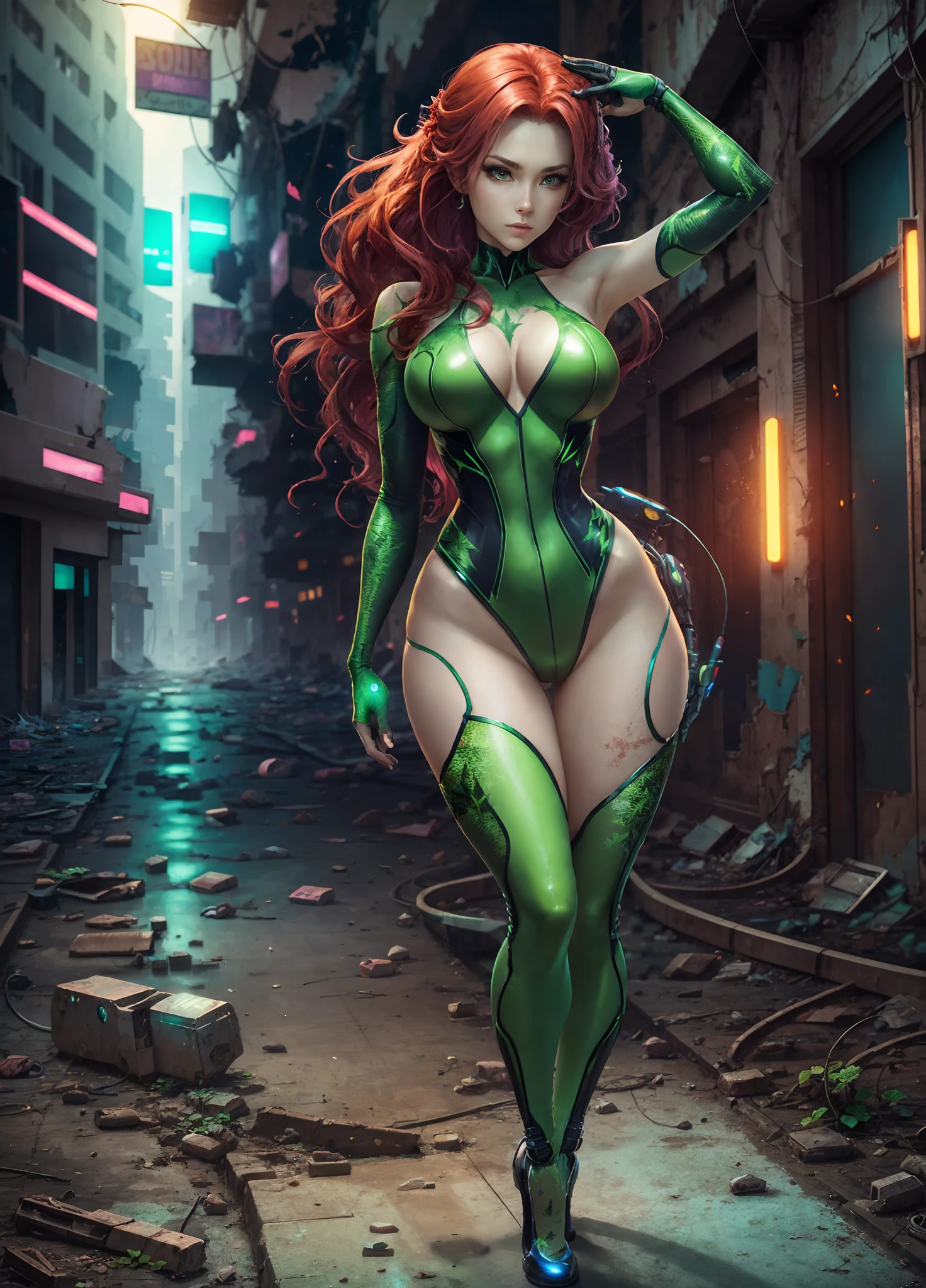Poison Ivy, wide hip, full body, graceful curves, cybernetic leotard, extreme beauty, in abandoned city --auto --s2