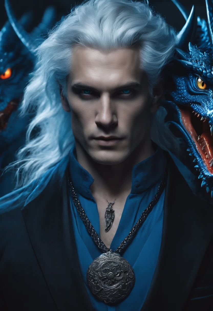Long white haired man with blue eyes and psychopathic feature with a blue dragon tattoo on his face and a blue dragon tattoo on his neck