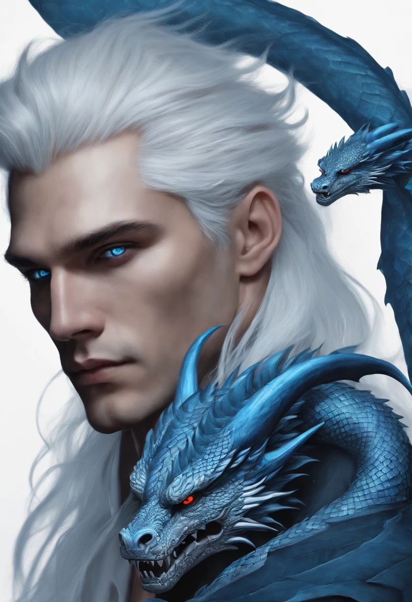 Long white haired man with blue eyes and psychopathic feature with a blue dragon tattoo on his face and a blue dragon tattoo on his neck