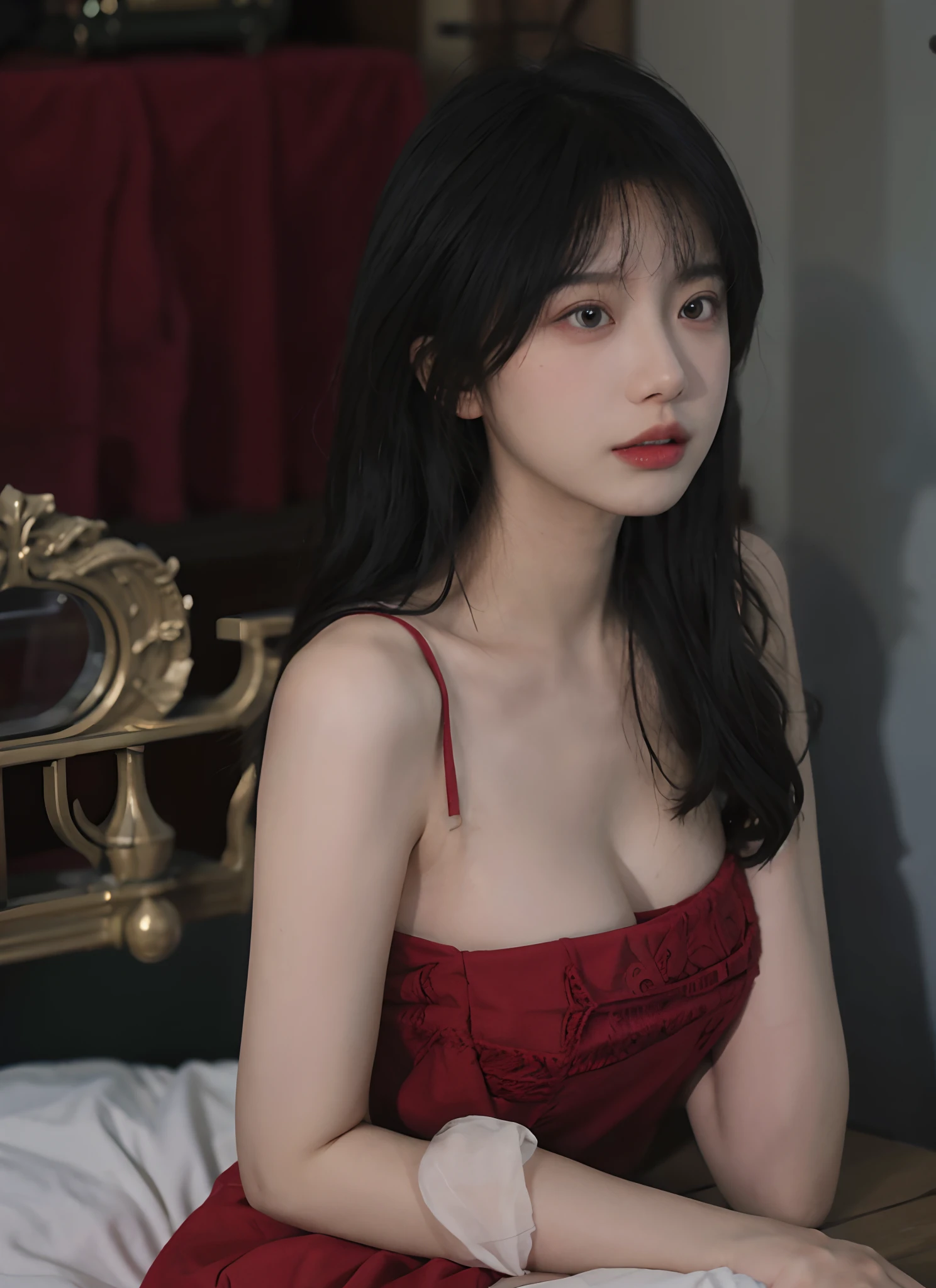 best qualtiy， 超高分辨率， （realisticlying：1.4）， one-girl， A pair of clear and moving eyes,Royal Sister，Red dress， （big cleavage breasts：1.2）， looking at viewert， closeup cleavage ，