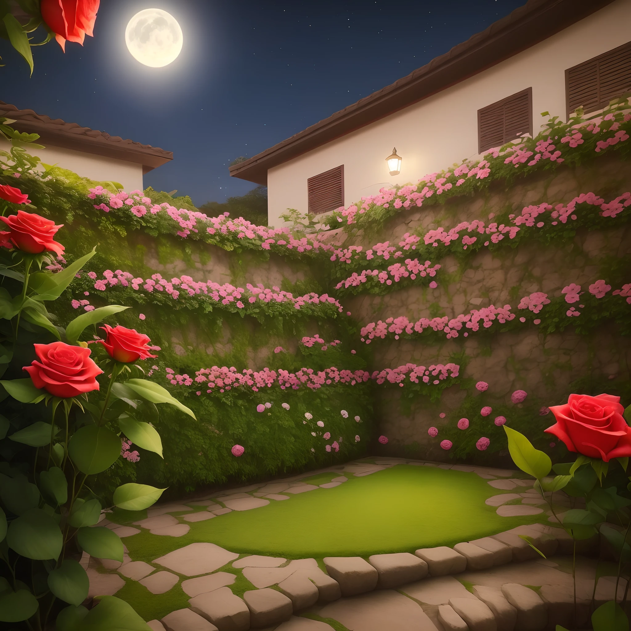 Em um amanhecer de uma noite fria, o canteiro de flores vermelhas de um jardim bem florido, amanheceram todas as rosas abertas, cheia de orvalho da noite.