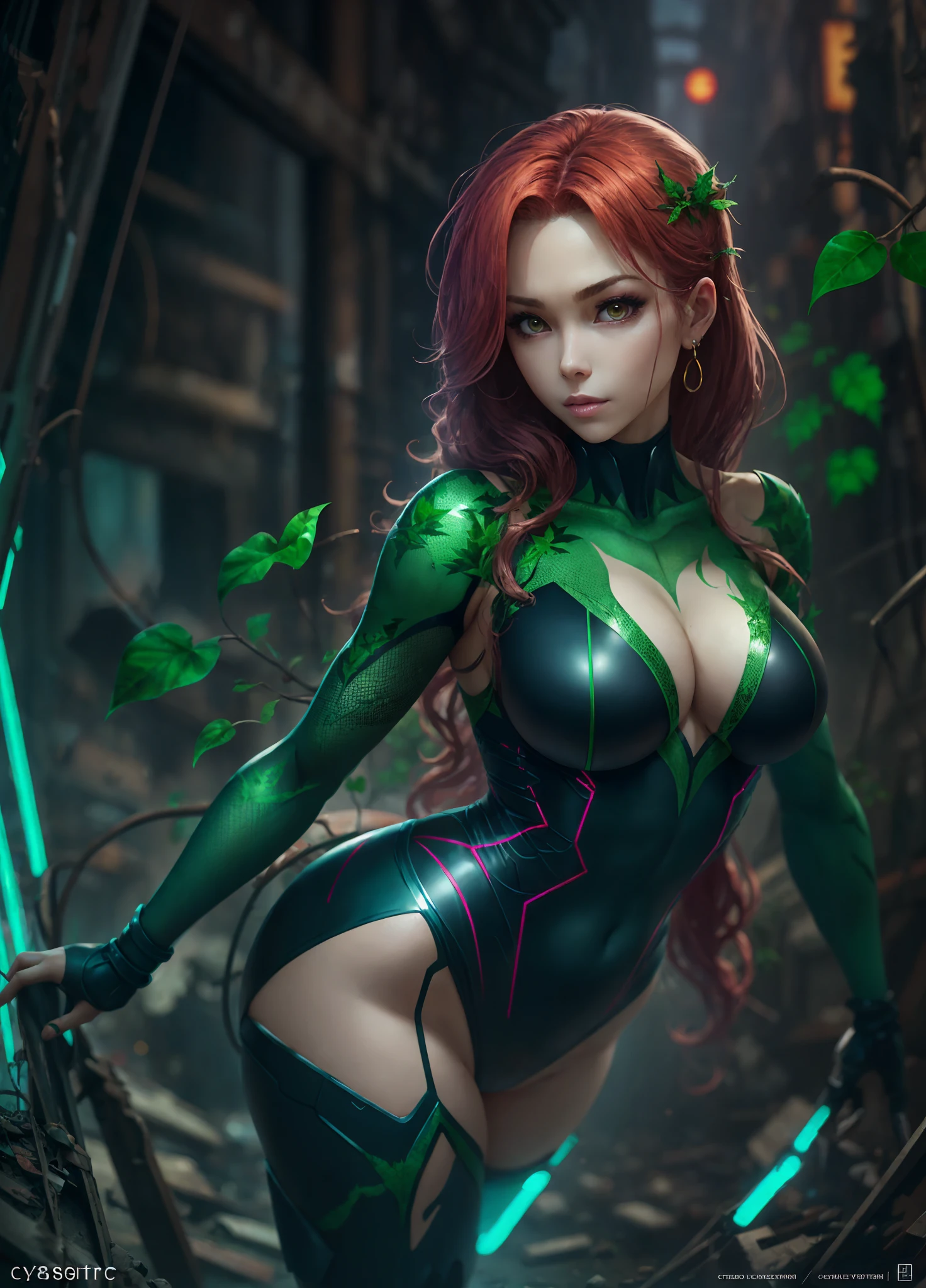 Poison Ivy, wide hip, full body, graceful curves, cybernetic leotard, extreme beauty, in abandoned city --auto --s2