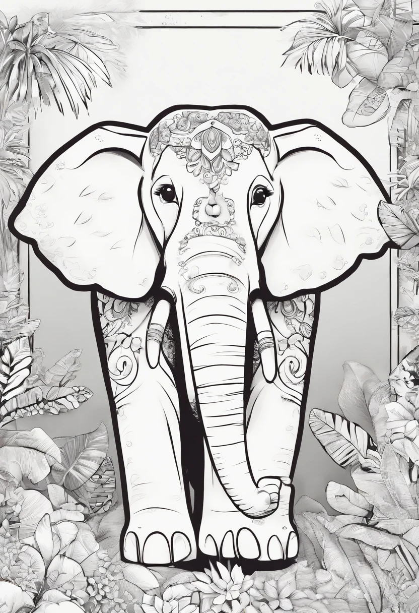 dibujo en blanco y negro para colorear, un elefante en la jungla