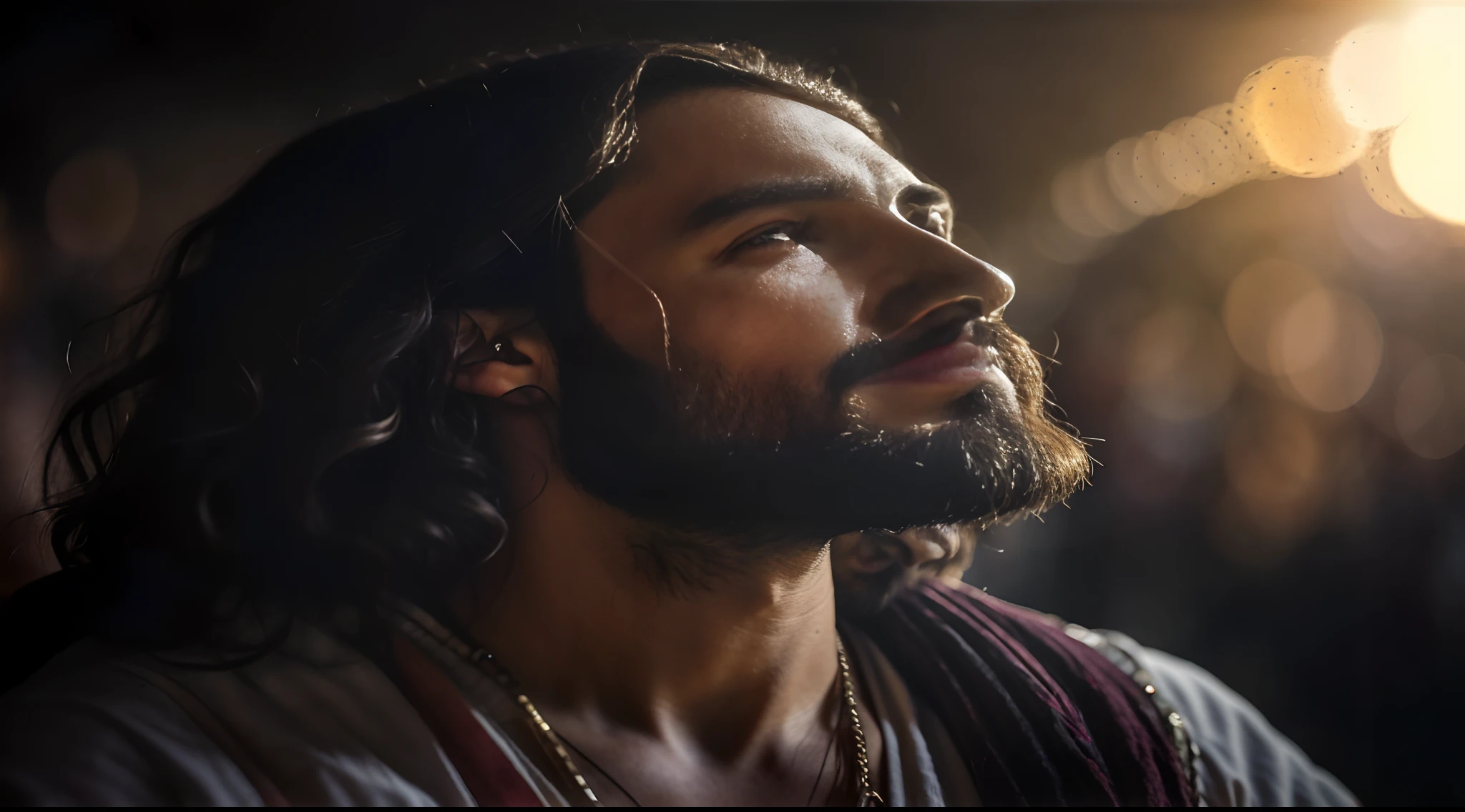 Retrato moderno de Jesus, foto de frente, said to his disciples, cinematic lighthing, profundidade de campo, Bokeh, Realismo, fotorrealista, hiper-realismo, fotografia profissional, UHD, DSLR, HDR
