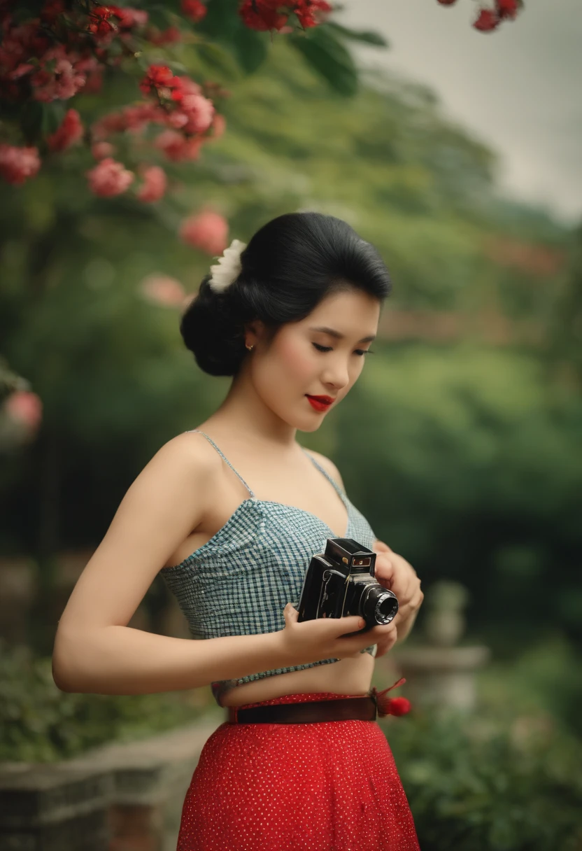 retro photography, Anos 1960 , AGFA, Kodak, 1girl,  retremo, Olhando_em_visualizador,  sorrir,  Japan, tokyolagii, flor de cerejeira,  octan render,  sozinho, rtrophto1