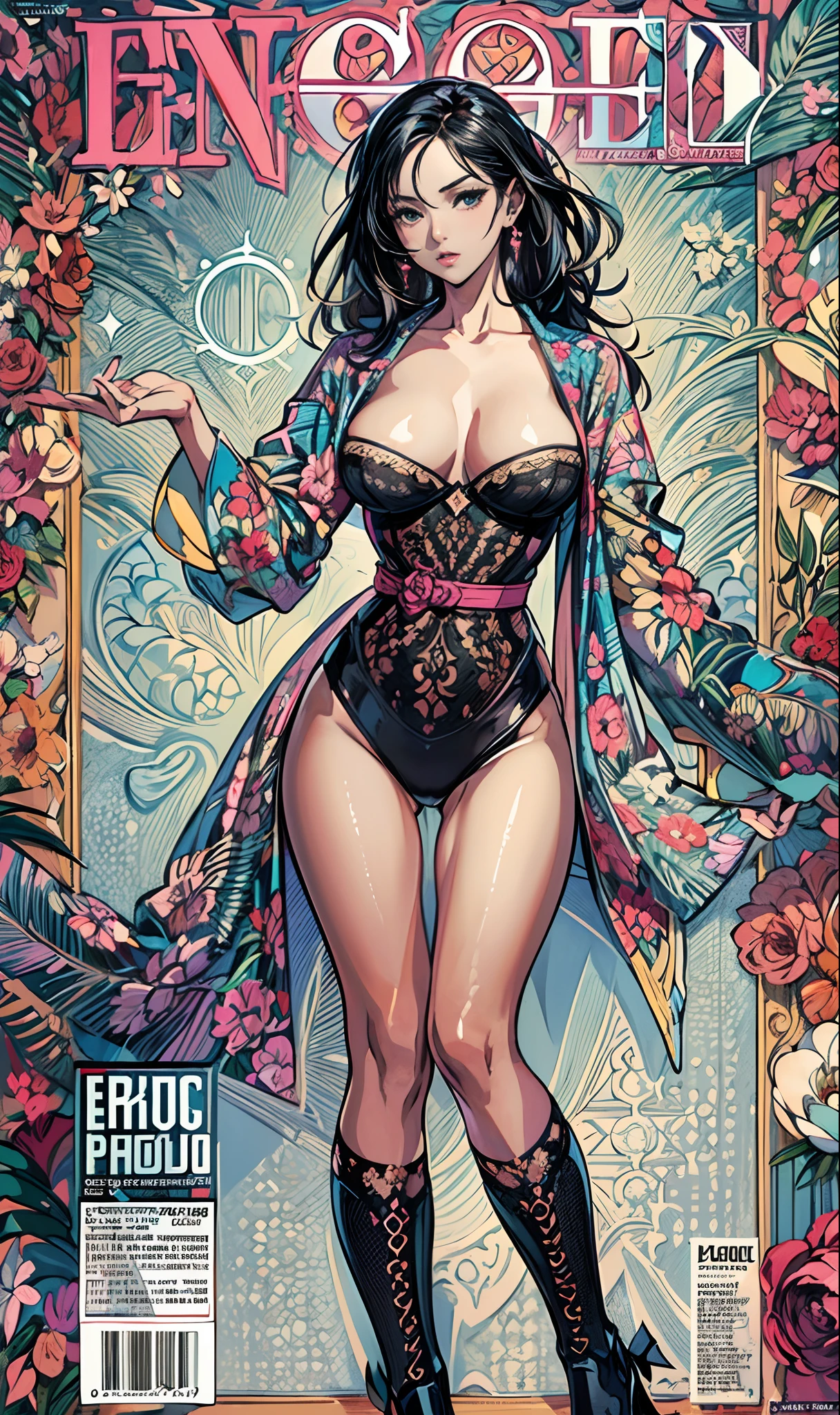 (Best Quality, Masterpiece), (aesthetic and highly detailed:1.5), front cover of lingerie magazine, concept art, design, magazine design, 1girl, cute, black hair, stylish, model pose, (epic composition, epic proportion), vibrant color, text, diagrams, advertisements, magazine title, typography,