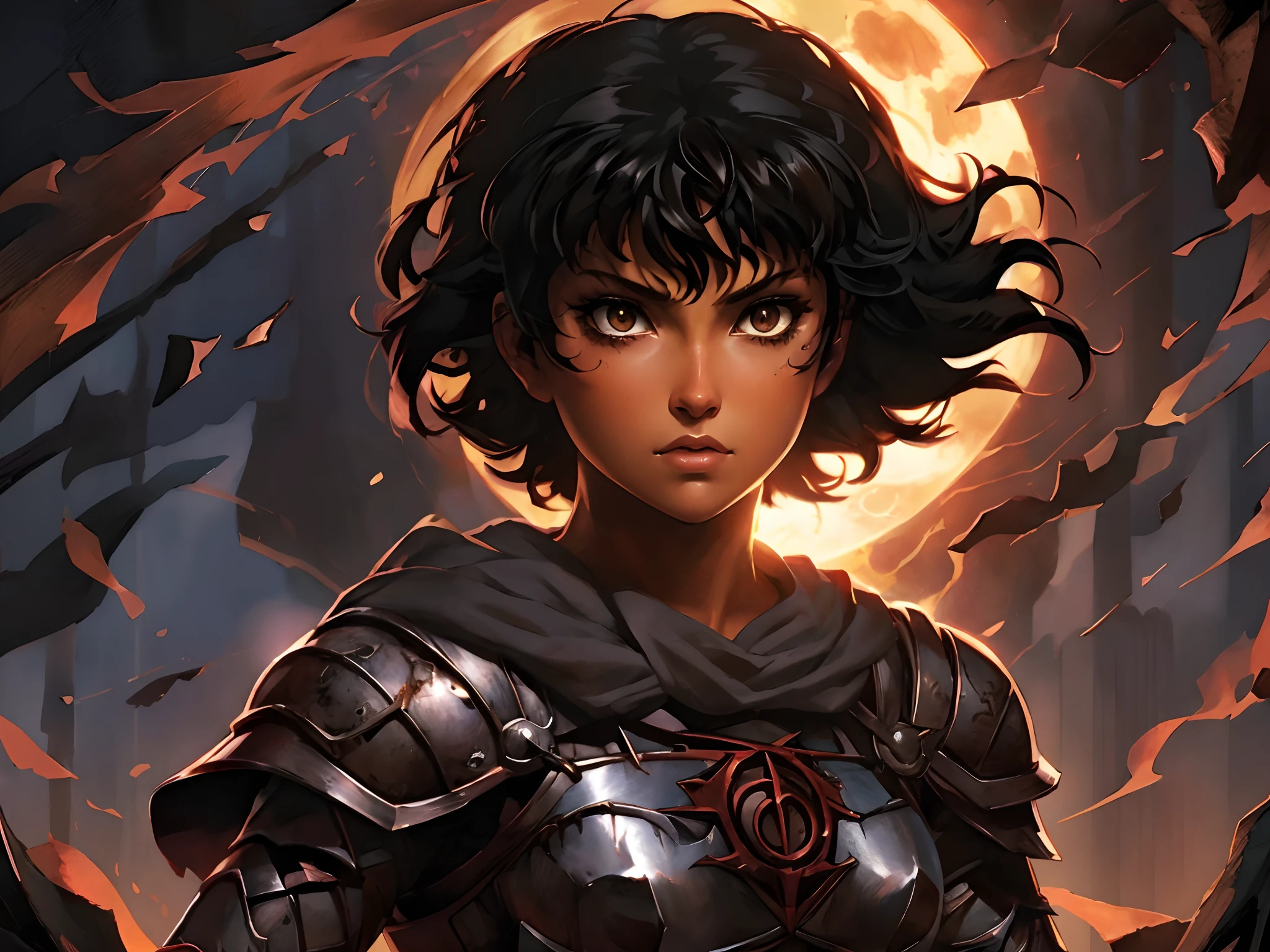 um close up de uma mulher em armadura com uma lua cheia ao fundo, d&d arte do personagem dark sun, Alena Aenami e Artgerm, Estilo de arte Berserk, Zenra Taliyah, Estilo Berserk, arte do personagem charlie bowater, steel inquisitor from mistborn, Artgerm Julie Bell Beeple, Graphic artist Magali Villeneuve