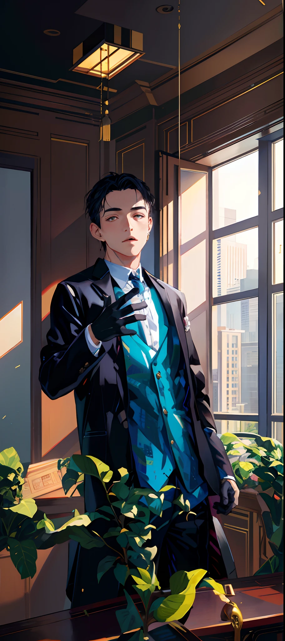 high resolution, extremely high quality, illustration, super detalhado, (Rosto detalhado), (Olhos detalhados), A handsome young Chinese man in a black suit in a luxurious office, In front of a floor-to-ceiling window with views out,