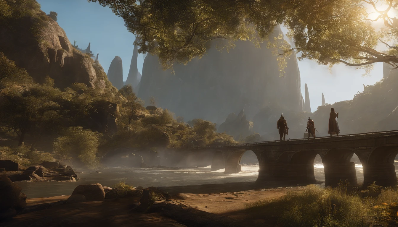 (master part:1.2), detalhes extremamente intrincados, ff14style, dynamic painting, representando uma cidade movimentada com uma ponte majestosa que atravessa rios largos, cercado por cogumelos gigantes imponentes. A vasta paisagem explode com cores vivas