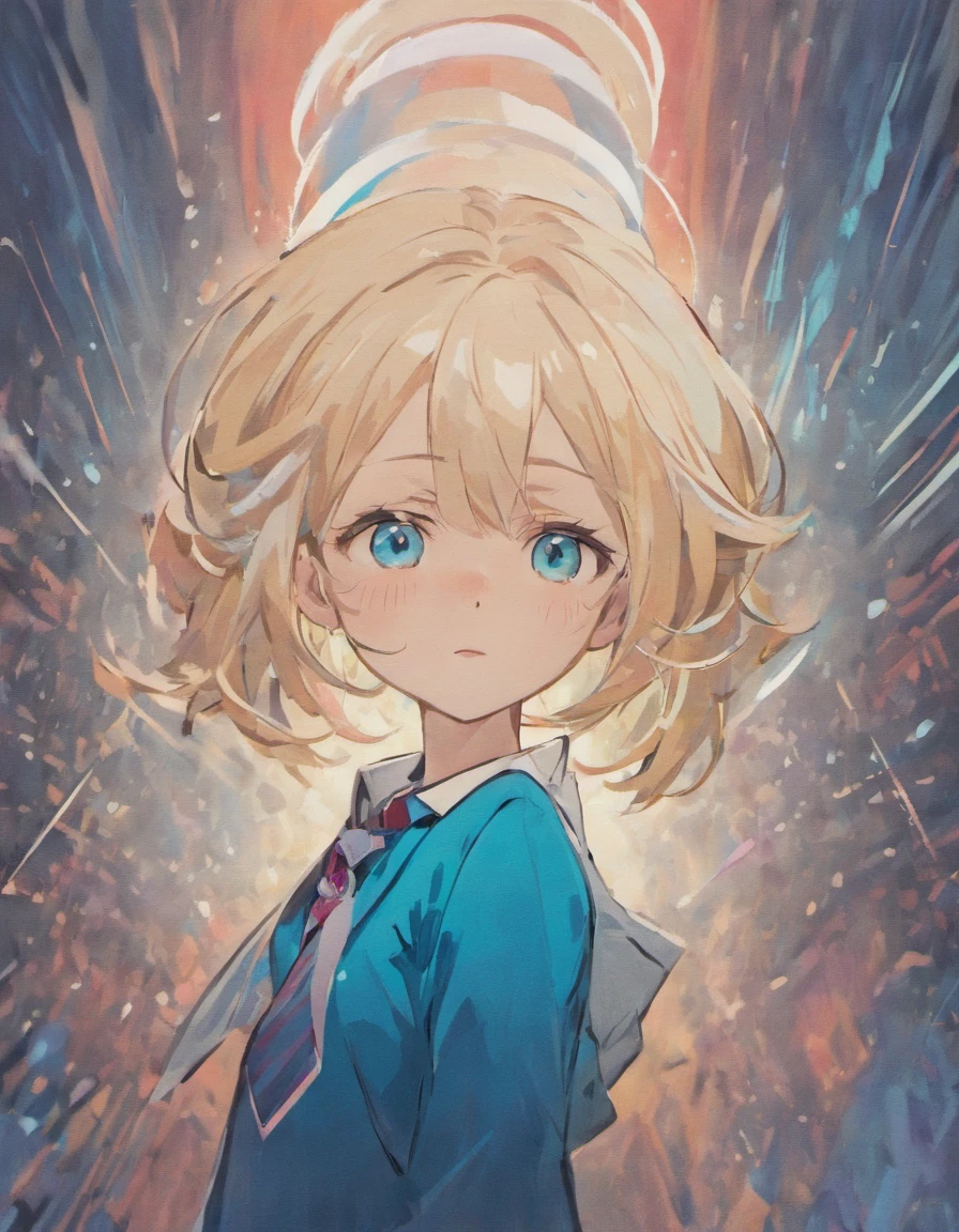 The image features a cartoon character with a white head and a blue necktie. The character appears to be a boy with a frowning expression, possibly indicating anger or frustration. The character's hair is white, and she has a unique appearance, which could be reminiscent of a manga or anime character. The scene is set in a room, and the character is the main focus of the image.