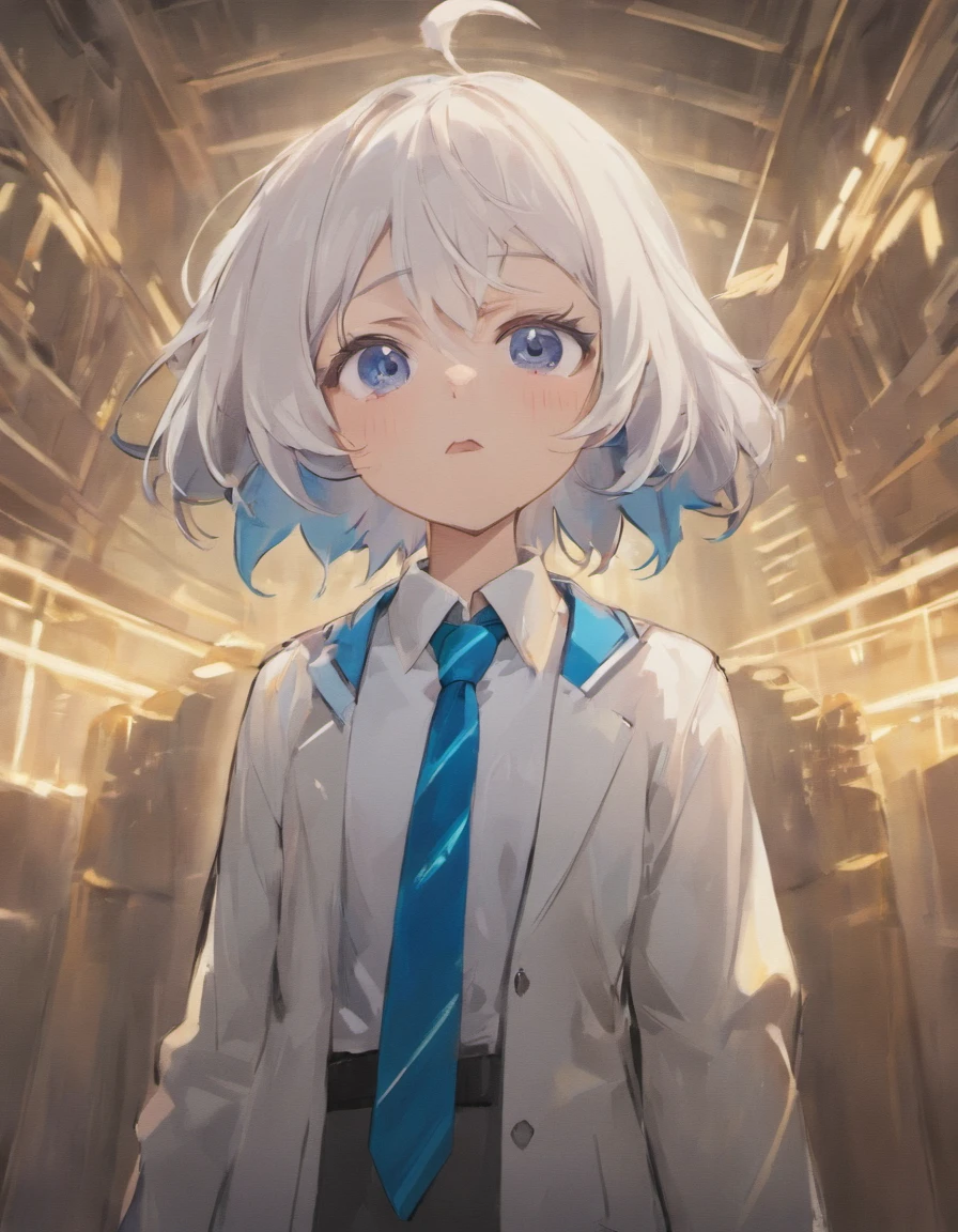 The image features a cartoon character with a white head and a blue necktie. The character appears to be a boy with a frowning expression, possibly indicating anger or frustration. The character's hair is white, and she has a unique appearance, which could be reminiscent of a manga or anime character. The scene is set in a room, and the character is the main focus of the image.