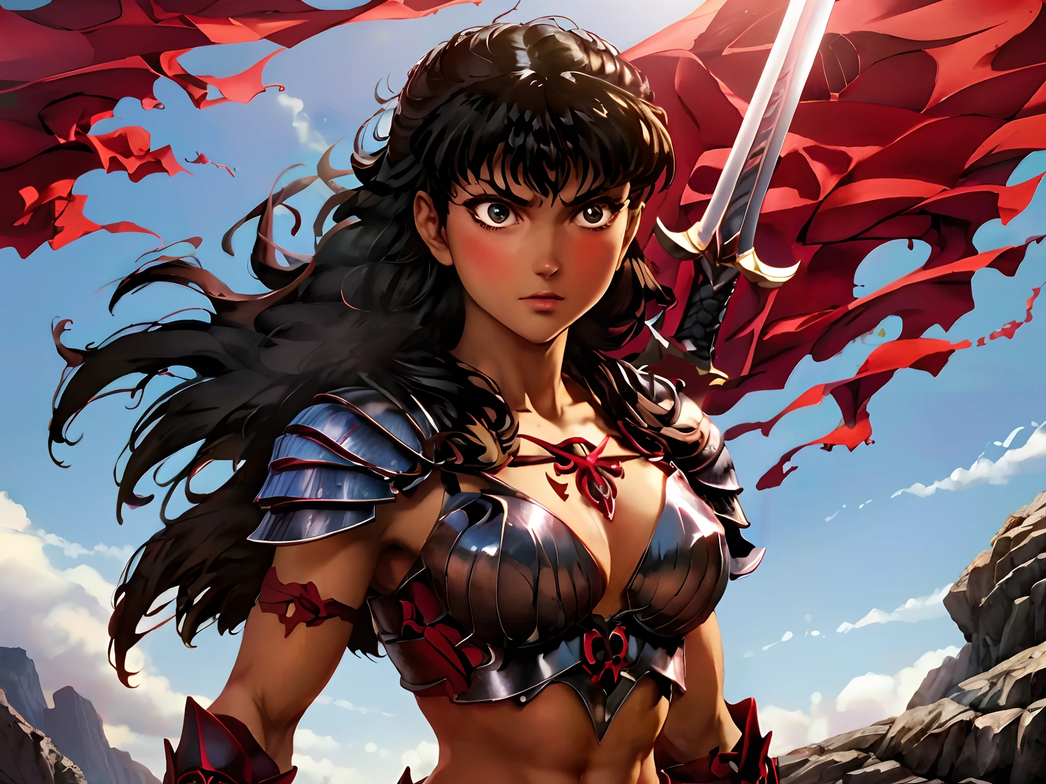 um close up de uma mulher com uma espada e armadura, Estilo Berserk, Alena Aenami e Artgerm, Estilo de arte Berserk, de Furioso, Furioso, 2. 5 d cgi anime fantasia arte, arte de anime digital detalhada, Natalie de Epic Battle Fantasy, top 25 fantasy anime series, princesa guerreira