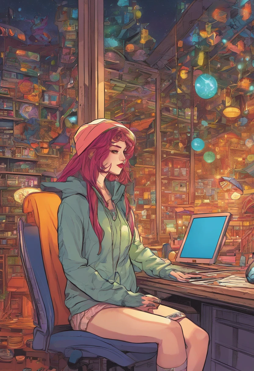 A digital window floating in cyber space and an operator woman sitting on a chair floating in space, operating the window floating around her. A beautiful face and brightly colored shining eyes. She wears a fancy hoodie. The lights of the digital window faintly illuminate the dark electronic space. The painting is detailed and well-drawn. Vivid colors. High image quality ,portrait.