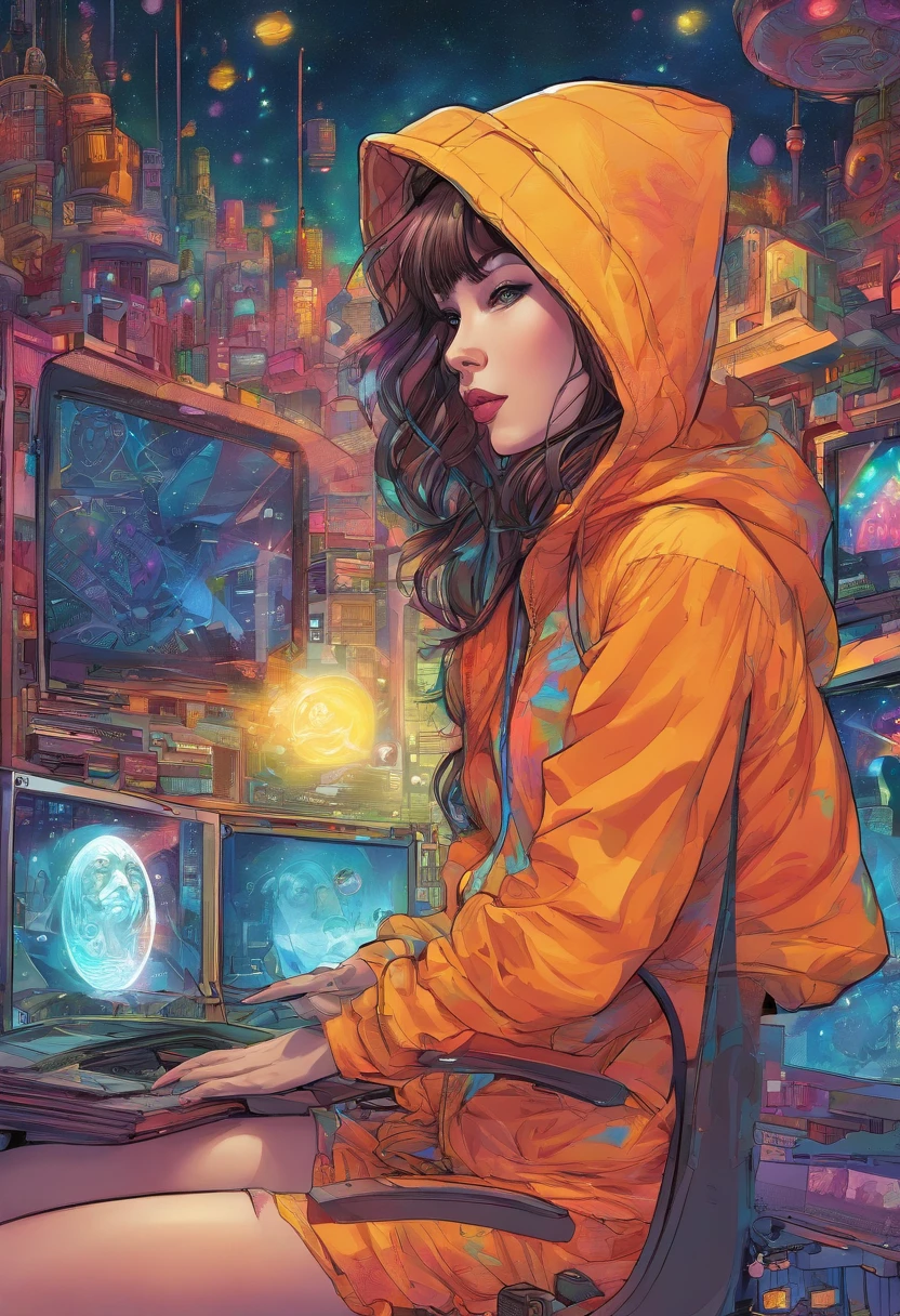 A digital window floating in cyber space and an operator woman sitting on a chair floating in space, operating the window floating around her. A beautiful face and brightly colored shining eyes. She wears a fancy hoodie. The lights of the digital window faintly illuminate the dark electronic space. The painting is detailed and well-drawn. Vivid colors. High image quality ,portrait.