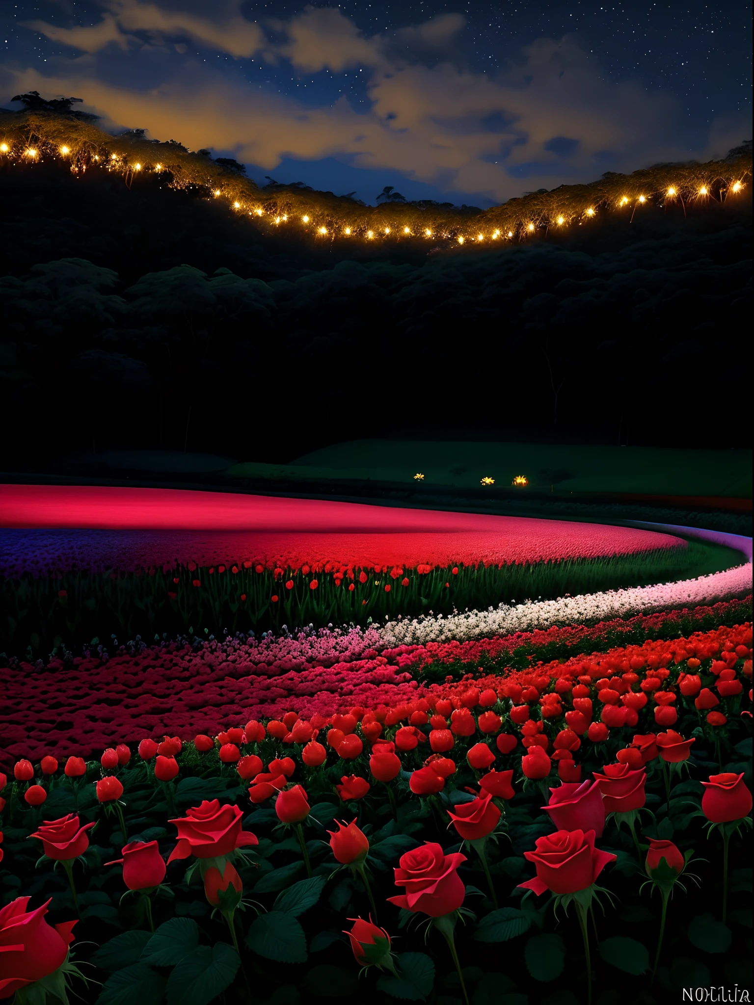 Em um amanhecer de uma noite fria, o canteiro de flores vermelhas de um jardim bem florido, amanheceram todas as rosas abertas, cheia de orvalho da noite.