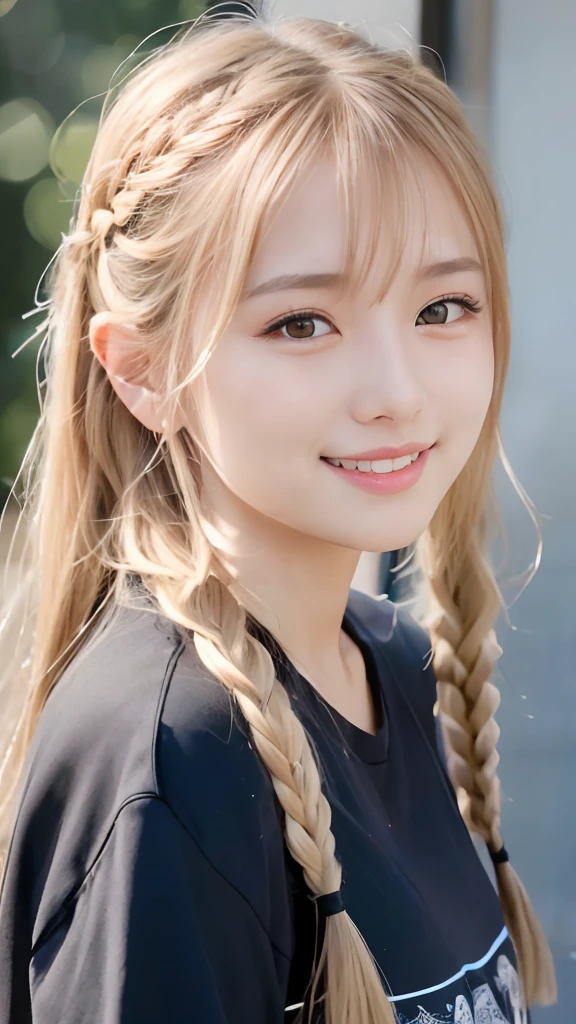 (8K、top-quality、masterpiece:1.2)、(reallistic、Photorealsitic:1.37)、The ultra-detailliert、女の子1人、18year old、Medium chest、Beautie、Beautiful and perfect face、Natural smile、独奏、holiday、Bustling street、shopping、Fashionable clothes、Redness of the nose)、(A smile:1.5)、(With mouth closed) 、beautidful eyes、(long:1.2)、Floating hair 、Middle hair、Gold Hair Medium Hair, (Golden hair), Ear Hair, small tits, Single braid, (Single braid), (Side braid),Checked shirt