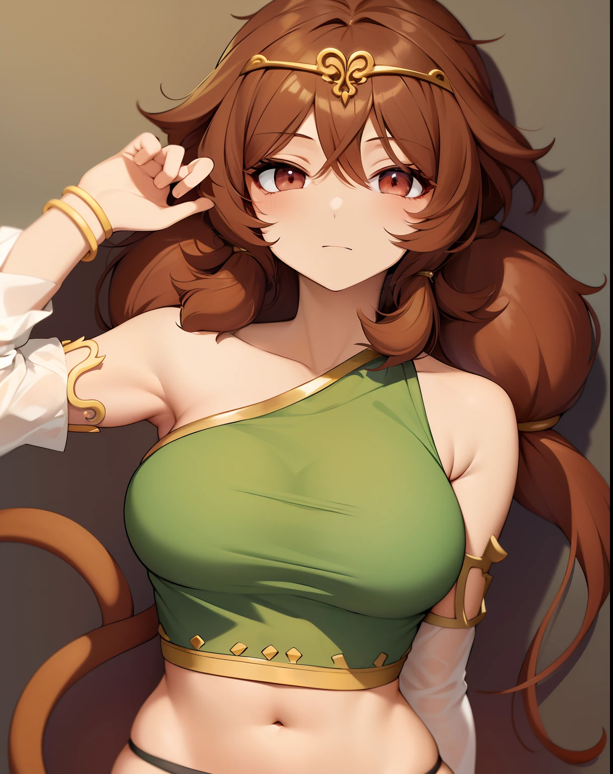 son biten, brown eyes, solo, wariza, bare shoulders, long hair, upper body, large breasts, detached sleeves, 1girl, monkey tail, jewelry, brown hair, tail, detailed face, detailed eyes, detailed hair, 5 fingers