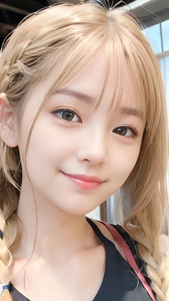 (8K、top-quality、masterpiece:1.2)、(reallistic、Photorealsitic:1.37)、The ultra-detailliert、女の子1人、18year old、Medium chest、Beautie、Beautiful and perfect face、up close shot、Natural smile、独奏、holiday、Bustling street、shopping、Fashionable clothes、Redness of the nose)、(A smile:1.5)、(With mouth closed) 、beautidful eyes、(long:1.2)、Floating hair 、Middle hair、Gold Hair Medium Hair, (Golden hair), Ear Hair, small tits, Single braid, (Single braid), (Side braid),Checked shirt