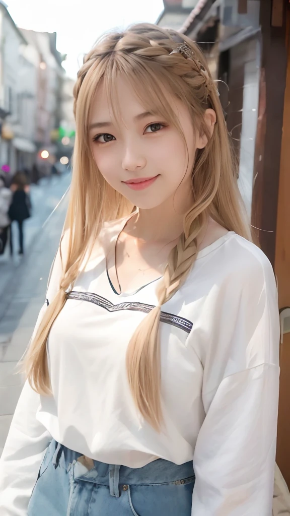 (8K、top-quality、​masterpiece:1.2)、(reallistic、Photorealsitic:1.37)、The ultra-detailliert、女の子1人、18year old、Medium chest、Beautie、Beautiful and perfect face、Natural smile、独奏、holiday、Bustling street、shopping、Fashionable clothes、Redness of the nose)、(A smile:1.5)、(With mouth closed) 、beautidful eyes、(long:1.2)、Floating hair 、Middle hair、Gold Hair Medium Hair, (Golden hair), Ear Hair, small tits, Single braid, (Single braid), (Side braid),Checked shirt