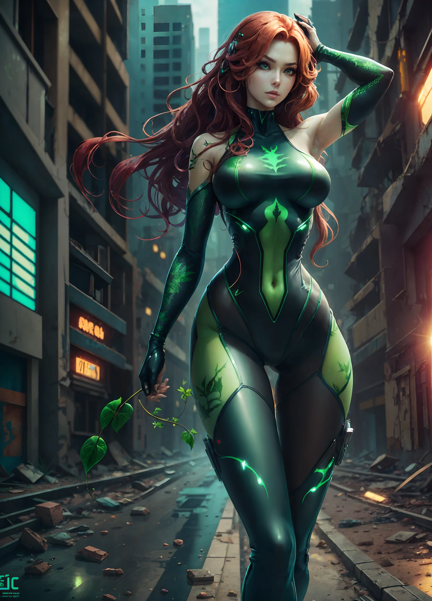 Poison Ivy, wide hip, full body, graceful curves, cybernetic leotard, extreme beauty, in abandoned city --auto --s2