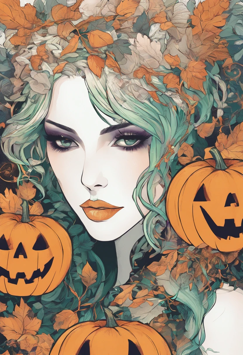 um close up de uma mulher em um traje com cabelo castanhos curto e olhos castanhos brilhantes, Bright green pumpkins, Lois van Baarle e Rossdraw, Artgerm e Lois van Baarle, Artgerm e RossDrew, rossdraw desenho animado vibrante, Estilo Ross Tran, Rossdraw 2. 5, inspirado em Ross Tran, estilo de arte de halloween, Artgerm extremamente detalhado