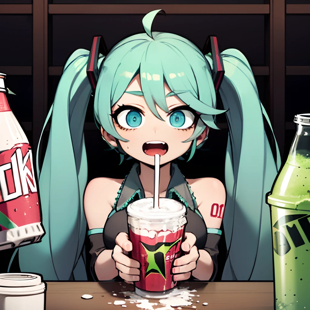 Hatsune Miku, drinking, Mountain Dew Baja Blast, big mess, soda everywhere, lots of spilt soda, crazy eyes, collection, hoarding