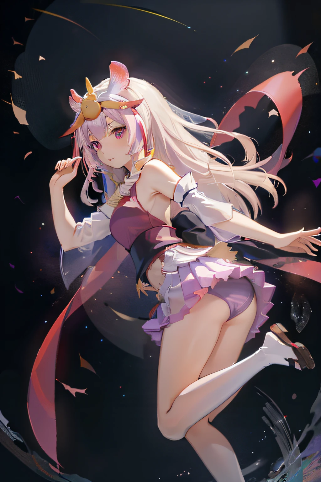 masterpiece, best quality, absurd Res, perfect anatomy, (((front views))), Mori Base, white long hair, veil, hair ornament, red Japan dress, bare shoulder, white skirt, black geta, (((Flipping up the skirt Show panties)))、(((Flip up the skirt yourself))) , (blush of the nose)、Undress((((Flip the skirt)))), (((Purple panties visible through the skirt))), single black thigh-high, detached sleeves, see-through sleeve, mouse close, outdoors, open field
