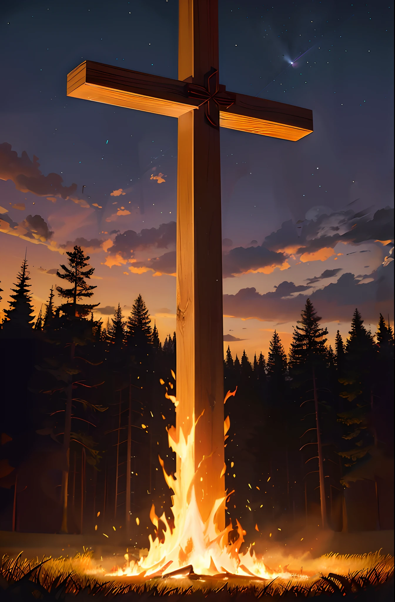 raging fire, flaring out of the base of the cross, intense flames, as if kerosine was poured on the fire, but not harming the cross