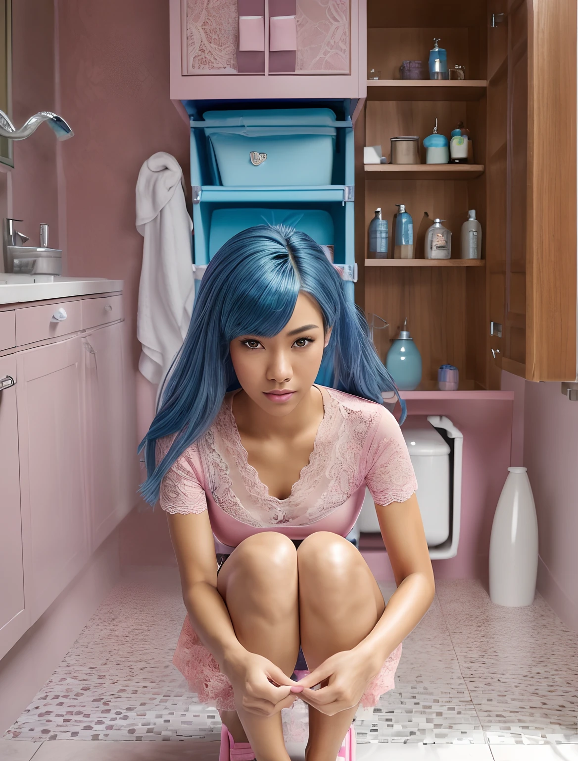 an empty(hyperrealistic), (illustration), (high resolution), (8K), (extremely detailed), (best illustration), (beautiful detailed eyes), (professional), (photorealistic), (post-processing), (max detail),roughness, (best quality), (super detailed), (masterpiece), (wallpaper), (detailed face), (squat pose ),((Perfectly detailed five-fingered hand)),blue nice hair (19 years old),(blasian beauty :1.2), (double eyelids), (beautiful face:1.2), (high nose), (plump lips), (thai feauters),slim waist, detailed skin, llong legs, big butt, tiny waist, ((Five-toed feet with perfect proportions and details)), look at the viewer,blue hair:1.2),(in clean bathroom with sink and cabinet,,pink tee shirt pink shorts:1.3),(underwear,Lace briefs:1.3),(,skirt,skirtlift:1.4),(comfortable squatting position:1.2),