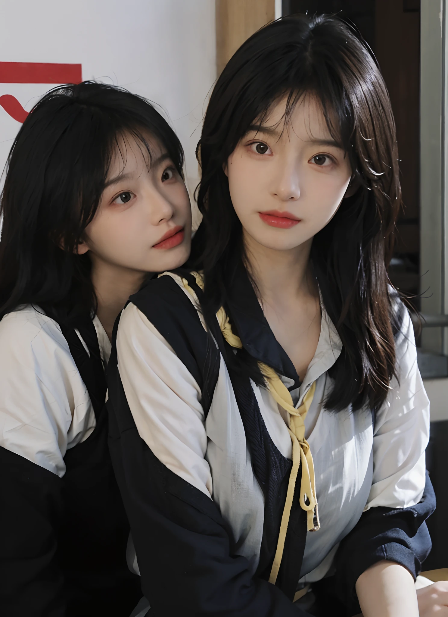best qualtiy, 超高分辨率, (realisticlying:1.4), one-girl, A pair of eyes as clear as snow,Royal Sister,Black long straight,yellow school uniforms, (big cleavage breasts:1.3), looking at viewert, closeup cleavage ,