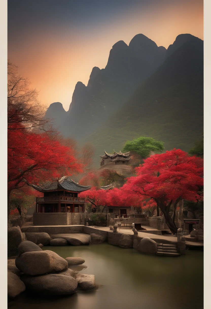 Ancient Chinese scenery, ((Termas)), (neve pesada), (Pirilampo), (pipa de papel), (Meia-noite), (lua), Mountaintop sanctuary, ((flor)), beautiful scenery, realistic lighting, master part, alta qualidade, graphics beautiful, Detalhes altos,