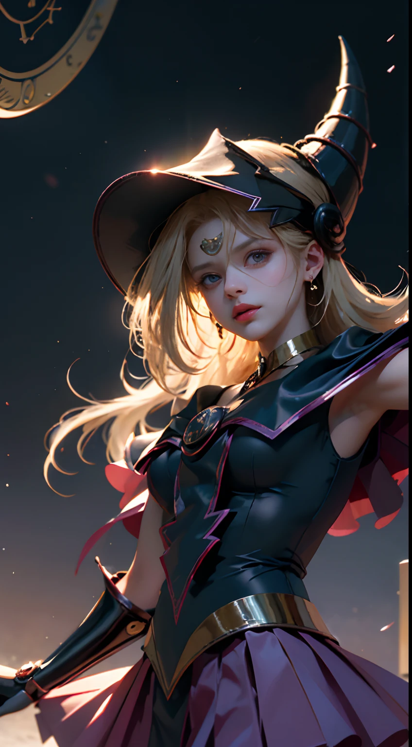 ((Obra maestra)), (Mejor calidad), (Ultra detallado), ((Muy detallado)), 4K, (8K), dark magician gils, Cabello largo rubio, Cola de caballo doble, sailor moon aesthetic, Dream Core, dark magician gils traje blanco con vivos negros, In a magical hall. Magic Circle of Light