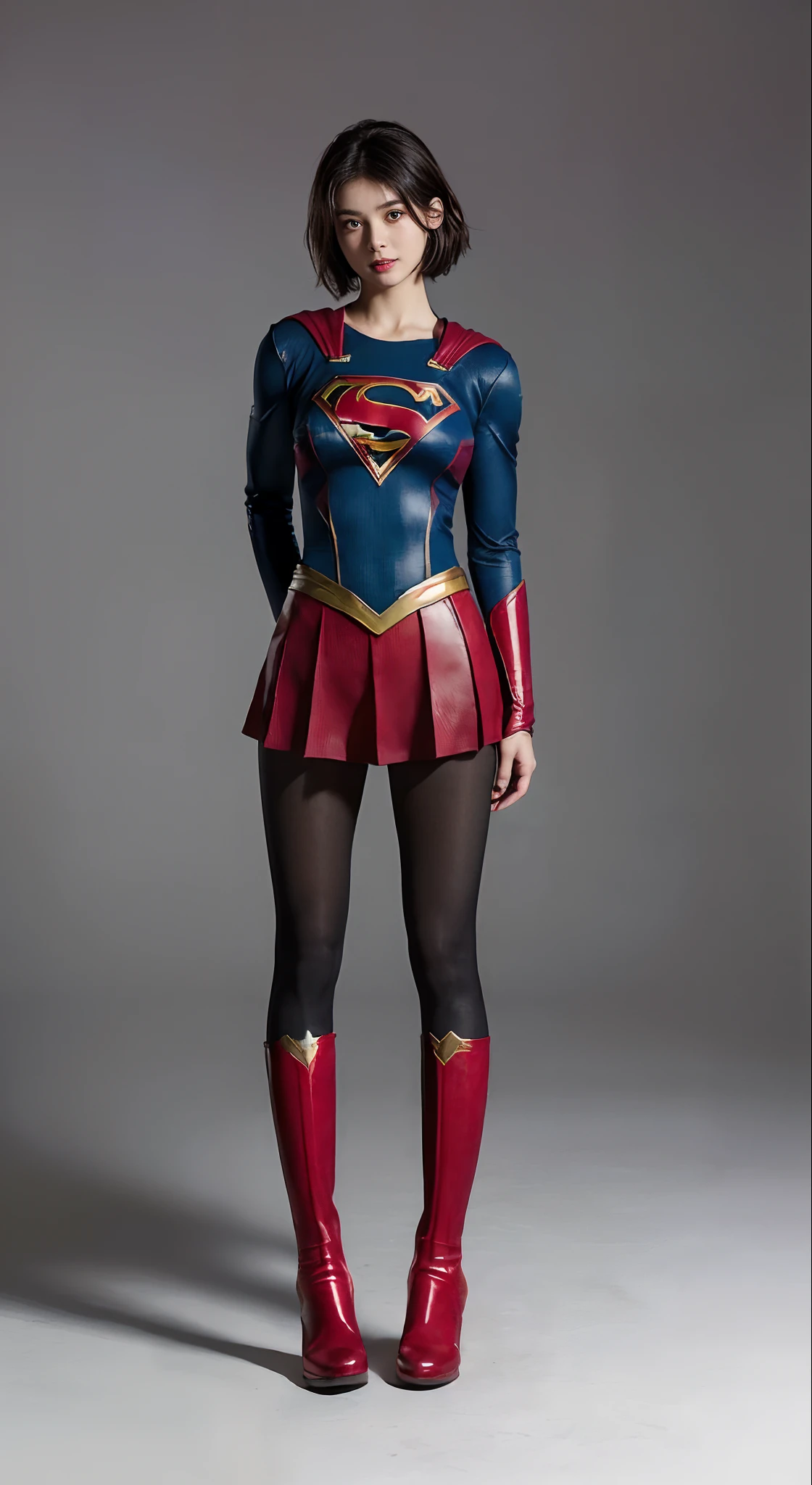 distressed look、My crotch hurts、Suffering、Done、defeated、Defeated by enemies、(((Wear black tights on your beautiful legs.)))、(((beauty legs)))、(((facial expression of smile)))、((((Make the most of the original image)))、(((Supergirl Costume)))、(((Beautiful short hair、The hair)))、(((Suffering)))、(((Feet must necessarily be worn with black tights)))、(((You need to wear red boots)))、((Top image quality、8K))、((top-quality、8K、​masterpiece:1.3))、(((Keep your background simple)))、Crisp focus:1.2、Beautiful woman with perfect body shape:1.4、Slender Abs:1.2、a wet body:1.5、Highly detailed facial and skin texture、8K