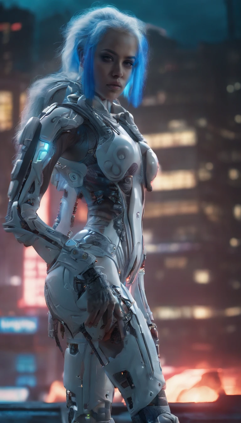 nsfw, 1girl, cyberpunk, robotic armor, (8K, realistic, raw photo, best quality: 1.4), breast, medium breast, bare breast, nipple, areola , naked, fully naked, Japanese girl, beautiful cute face, (real face: 1.4), perfect , beautiful hairstyle, realistic blue eyes, beautiful detail eyes, (real skin: 1.3), beautiful skin, attractive, ultra high resolution, ultra realistic, off-sheller, night view, burning city, post apocalyptic world, cinematic lighting, white colored hair, long hair, twin ponytails, blue ribbons, weapon in hands, alien spaceship, futuristic fantasy,