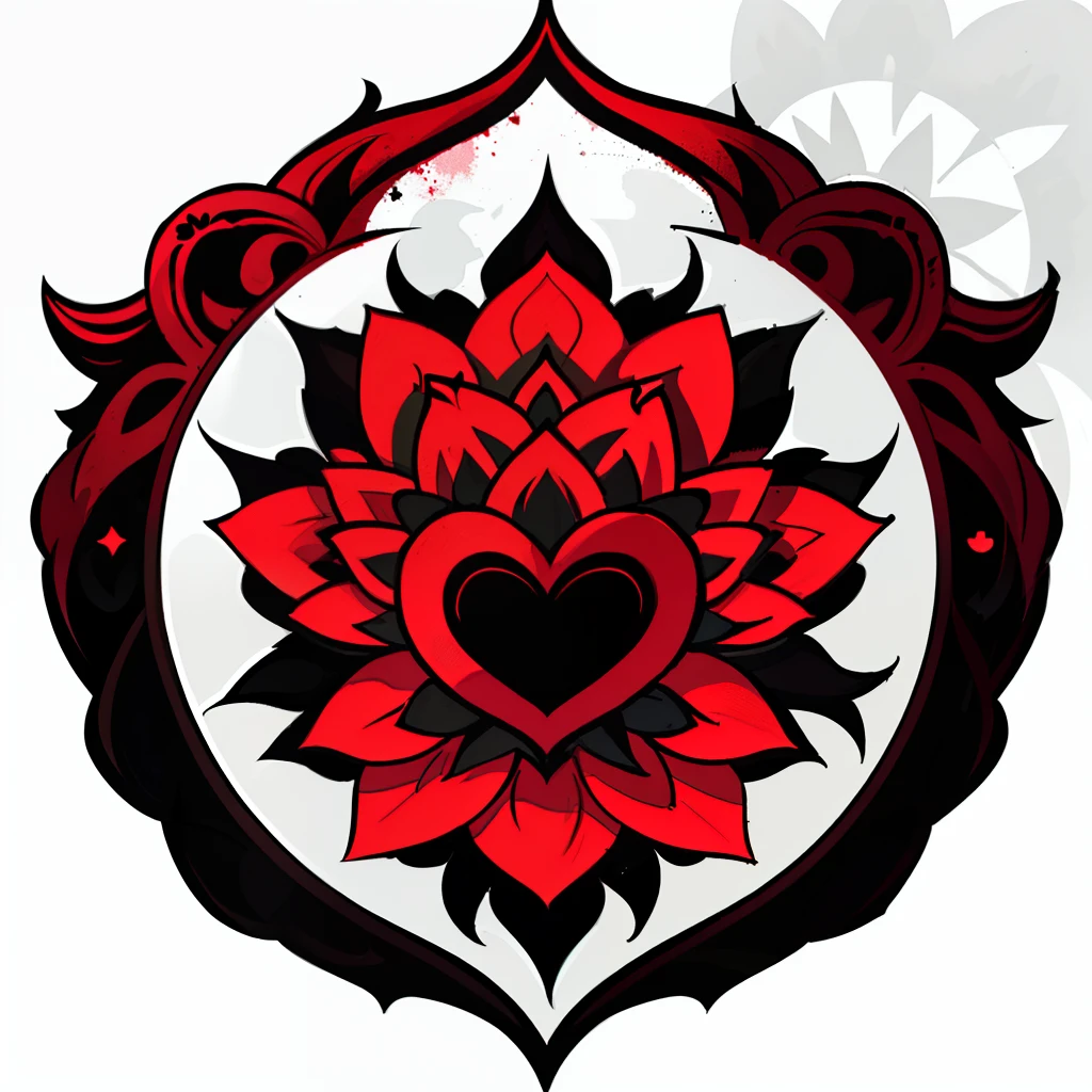 There's a red and black flower with a heart in the middle, colorful illustration for tattoo, design de tatuagem, Estilo Hydro74, lotuses, Ajna Chakra, symmetrical sticker design, design de tatuagem conceitual, Design de tatuagem LSD, black lotus, Design 3D para tatuagem, heart emblem on chest, lotus mandala, with lotus flowers, arte vetorial altamente detalhada