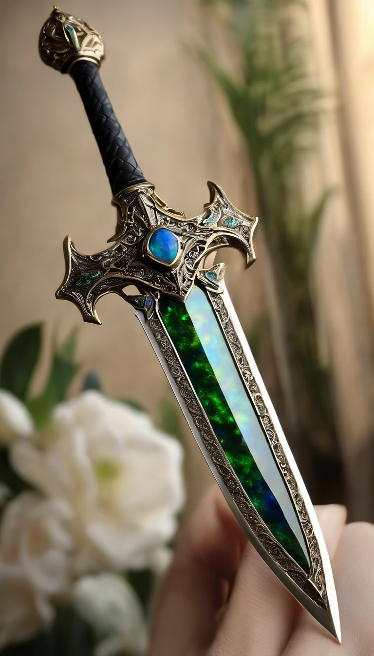 Excalibur, Delicate mango, The sword body is exquisite,well decorated,(((The sword body is designed with a blue opal and light green particle effect shape pattern..:1.3))), (The sword body is symmetrically decorated:1.3), (The entire Excalibur blade is centered:1.3), Close-up at medium range,(General silhouette:1.3),(hdr:1.3),hyper HD,8K,Best quality,(Masterpiece:1.3),Highly detailed,Ultra-fine painting,Sharp