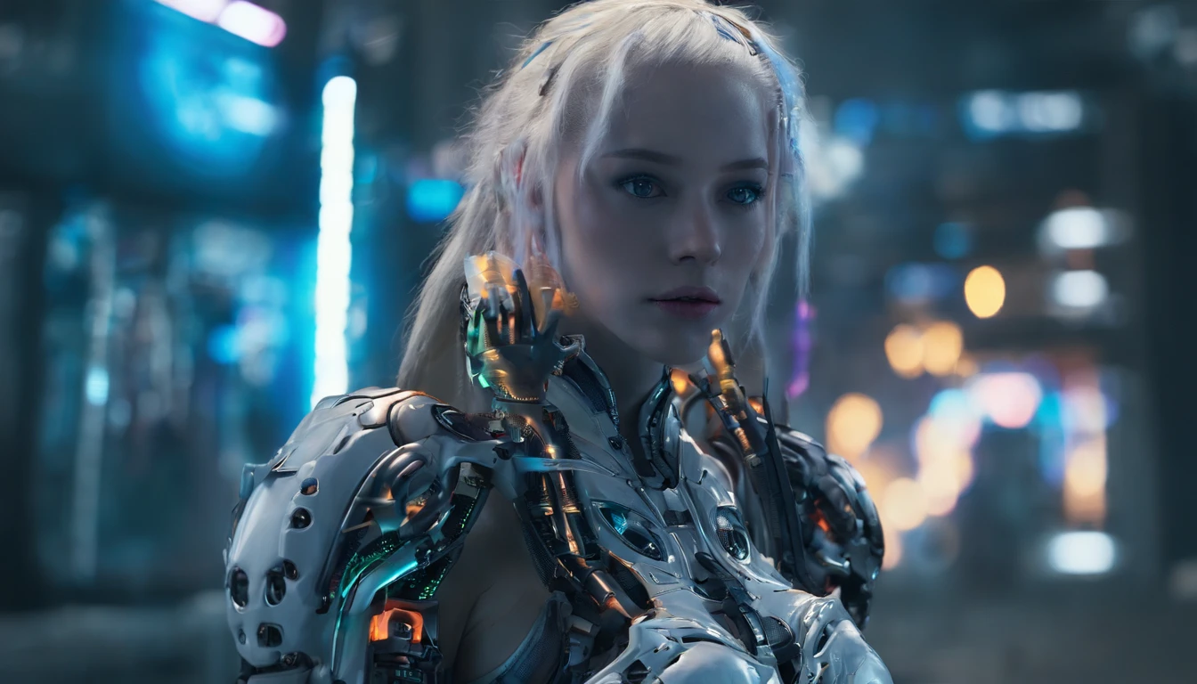 ```
Full-body portrait of an advanced Russian female cyborg.
16:9 aspect ratio, landscape orientation.
Entire figure prominently displayed from head to toe, no cropping.
Centered in frame, directly facing the camera.
Tall, slender build with perfect symmetry and posture.
Face blending Slavic features with cybernetic enhancements:
  - High cheekbones, clear blue holographic eyes
  - Partially exposed metal skull beneath synthetic skin
Short platinum blonde hair with visible tech implants.
Neck and torso showing seamless transition between flesh and metal.
Arms fully cybernetic, gleaming metal with intricate joint mechanisms.
Legs displaying a gradient from human-like thighs to fully robotic calves and feet.
Hands and feet with advanced articulation, visibly mechanical.
Transparent panels on abdomen and thighs revealing internal systems.
Subtle blue energy lines pulsing throughout the body.
Skin texture varying from realistic to obviously synthetic across body.
Minimal, form-fitting attire accentuating cyborg elements.
Neutral, confident stance with arms slightly away from body.
Faint holographic aura surrounding the figure.
Cool, tech-inspired background with Cyrillic text and digital elements.
Evenly distributed, slightly blue-tinted lighting for clear detail visibility.
Overall aesthetic: futuristic, unmistakably cyborg, with Russian influence.
```​​​​​​​​​​​​​​​​