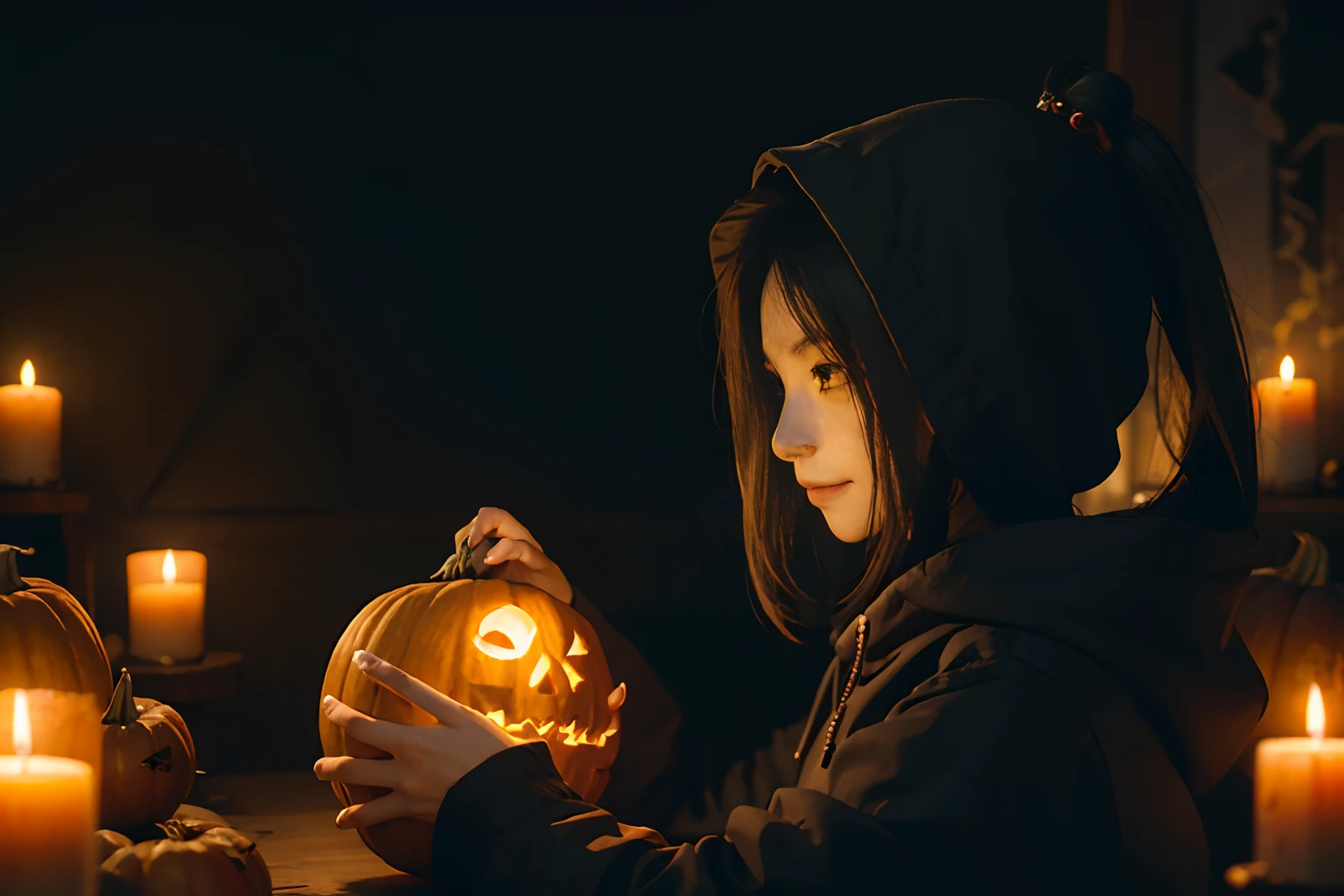 A nerdy girl is walking down a dark path decorated with halloween pumpkins, while it rains, with a book in her hands, makoto shiing, highly detailed, incredible quality, trending in artstation animenkai and studio ghibli, dramatic light