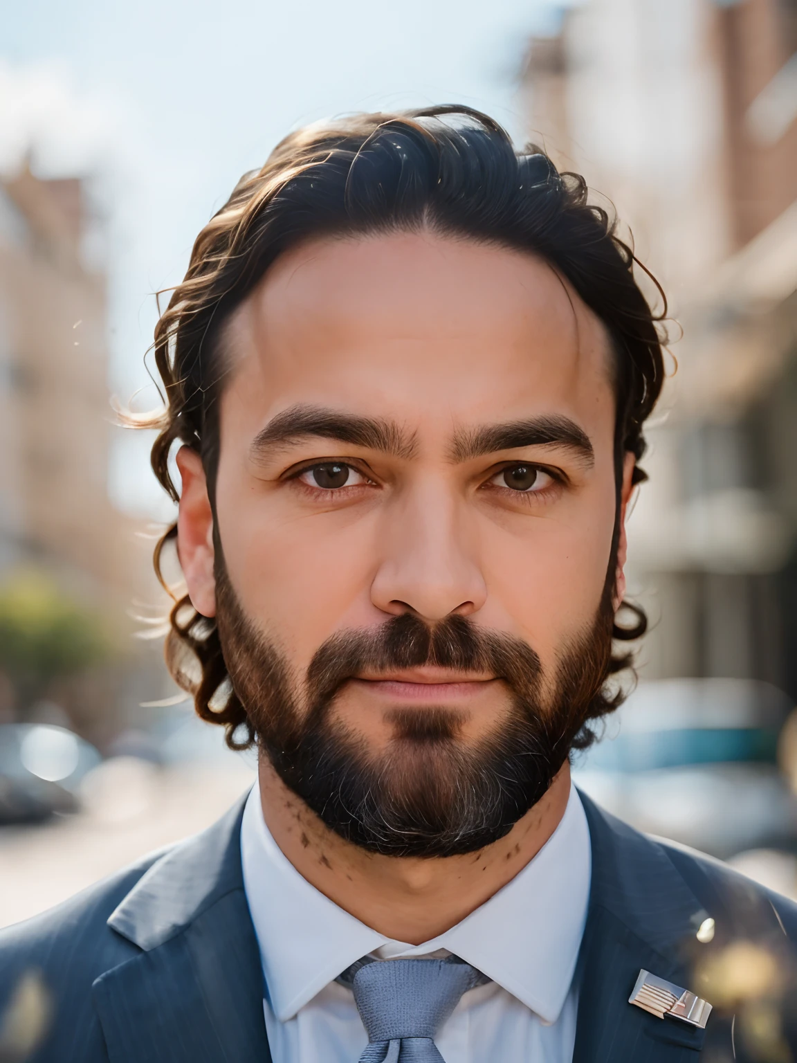 (Foto RAW:1.2), a man wearing a business suit , cabelo comprido e cacheado, barba, best quality, 8k, UHD, fotorrealista