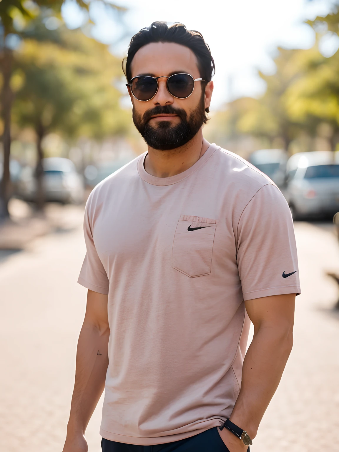 (Foto RAW:1.2), um homem vestindo uma roupa casual da nike, de oculos de sol, cabelo comprido e cacheado, barba, best quality, 8k, UHD, fotorrealista