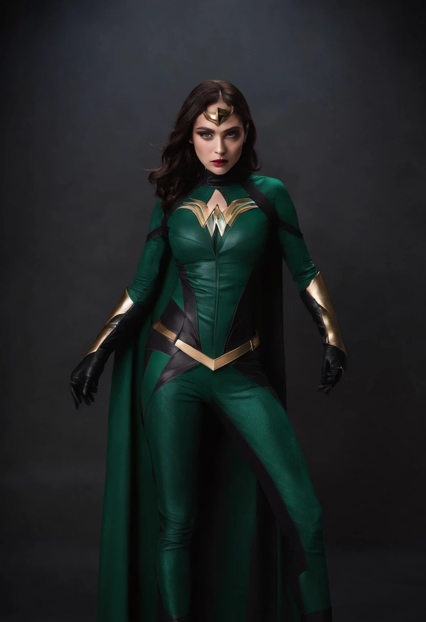 Woman wearing a Hela (superheroine) costume posing for a photo in a dark studio, Hela cosplay.