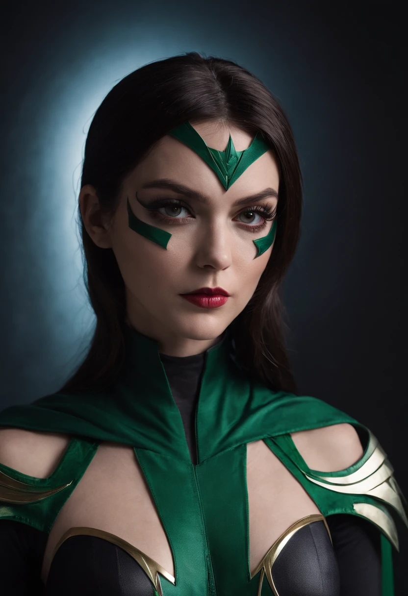 Woman wearing a Hela (superheroine) costume posing for a photo in a dark studio, Hela cosplay.