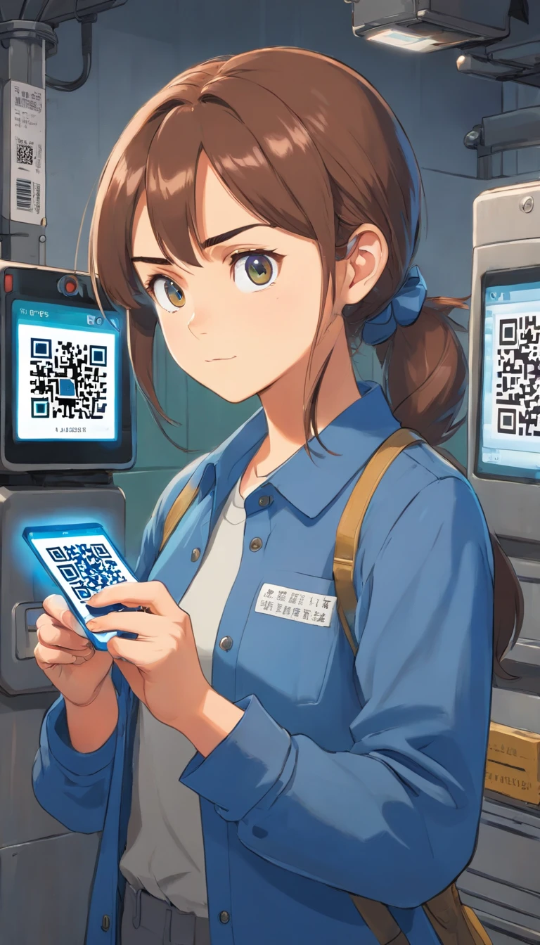 a young woman in blue work clothes scanning a QR code with a hand scanner